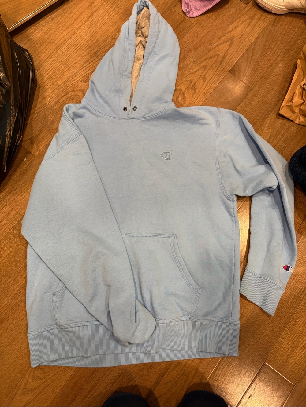Champion Light Blue Pullover Hoodie with Embroidered Logo